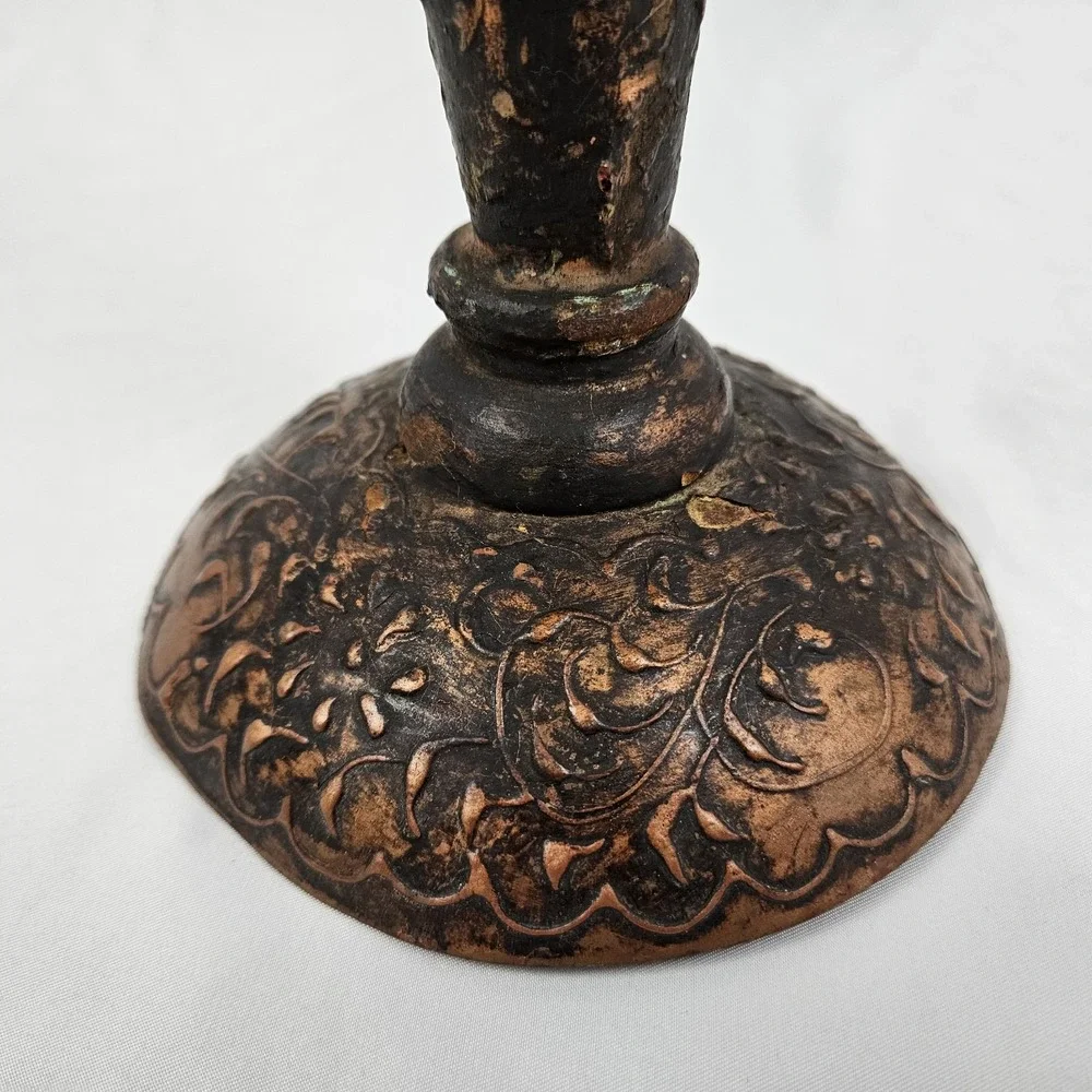 Embossed Copper Trumpet Pedestal Vase Arts & Crafts Boho Whimsical